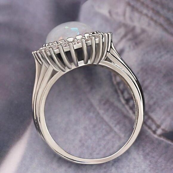 6ct Oval Cut Lab-Created Fire Opal Cluster Engagement Ring 14K White Gold Plated - Picture 5 of 6